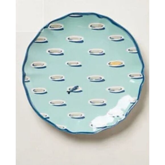 2 Anthropologie Nathalie Lete Blue Scalloped Fish Skeleton 8" Salad Plates - Picture 1 of 5